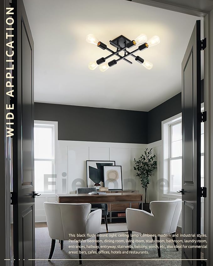 6-Light Semi Flush Mount Ceiling Light Fixture, Industrial Black Close to Ceiling Lighting, Modern E26 Base Sputnik Chandelier Ceiling Lamp for Kitchen Bedroom Living Room Hallway