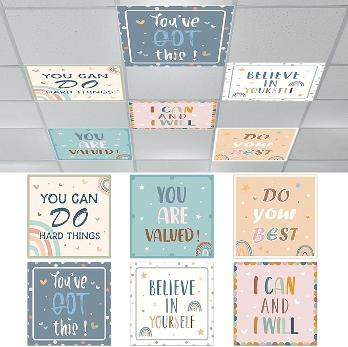 6 Pcs Fluorescent Light Covers with 48 Magnets Decorative for Classroom Ceiling Lights 2 x 2 Feet Magnetic Light Cover Filter Easy Install for Office Hospital Home Ceiling Supplies (Boho Motivational)