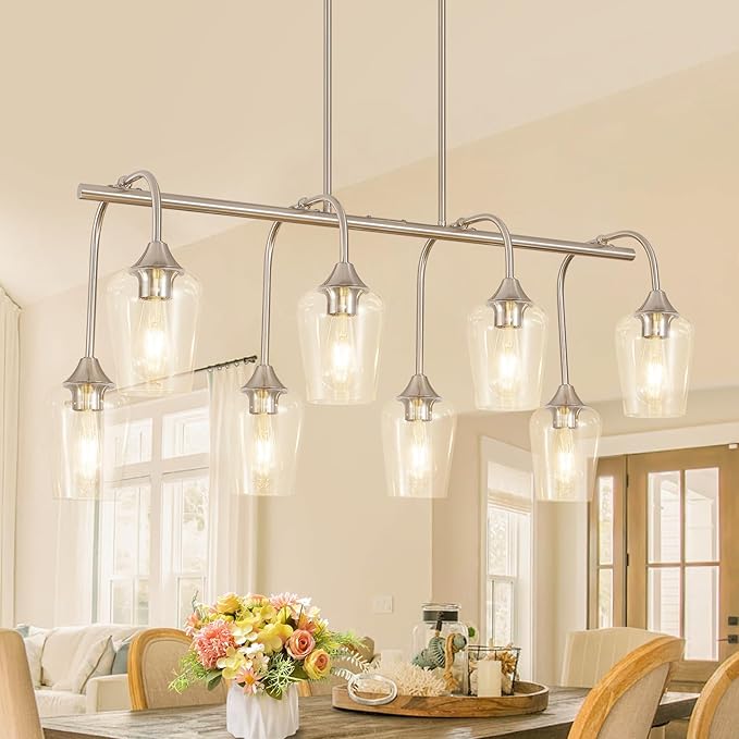 38" Dining Room Light Fixture/Chandelier Over Table, 8-Light Brushed Nickel Kitchen Island Lighting with Clear Glass Shade, Modern Hanging Pendant Lights Fixture for Kitchen Island, Dining Room, Bar