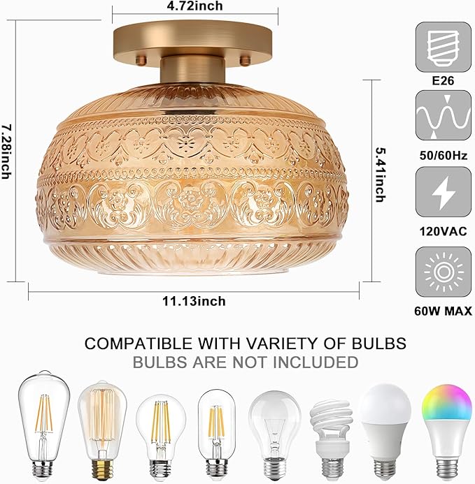 Semi Flush Mount Ceiling Light Fixture, 11" Vintage Gold Hallway Lights Fixture Ceiling with Amber Glass for Kitchen, Hallway, Bathroom and Entry Way,Compatible with E26 Light Bulb