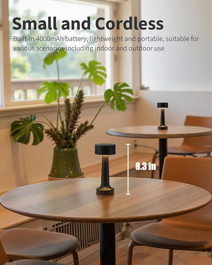 PUSU Cordless LED Black Small Table Lamps Set of 2, Portable Rechargeable 4000mAh Battery Operated Desk Lamp, 3 Color Stepless Dimming for Kids, Restaurant, Bedside, Outdoor, Bar, Night Light, Gift