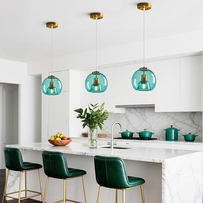 Light Blue Glass Pendant Lights Kitchen Island Gold Hanging Light Fixture Glass Globe Pendant Light Modern Pendant Lighting for Kitchen Island Bedroom Dining Room (7.87", 1 Pack)