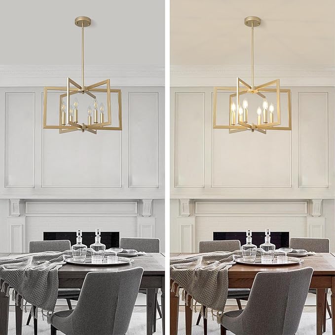 21in Gold Chandelier for Dining Room, 6-Light Modern Farmhouse Chandelier Semi Flush Mount Pendant Lighting Hanging Ceiling Lights Fixture for Foyer Entryway Hallway Kitchen Island (Gold)