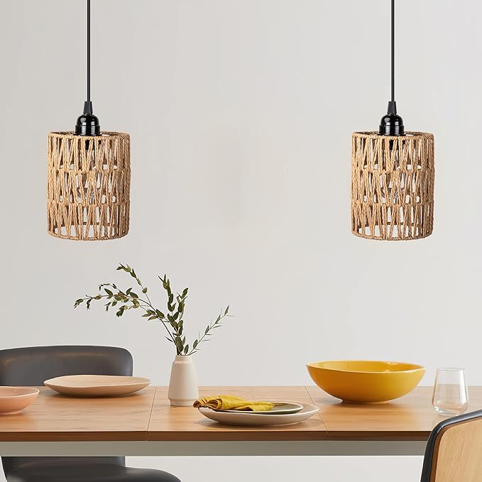 Battery Operated Chandelier, Battery Hanging Pendant Light, Rattan Lights with Warm White Bulb, 4*AA Battery Powered, for Gazebo Pergola Porch Patio Outdoor Indoor Decor (2)