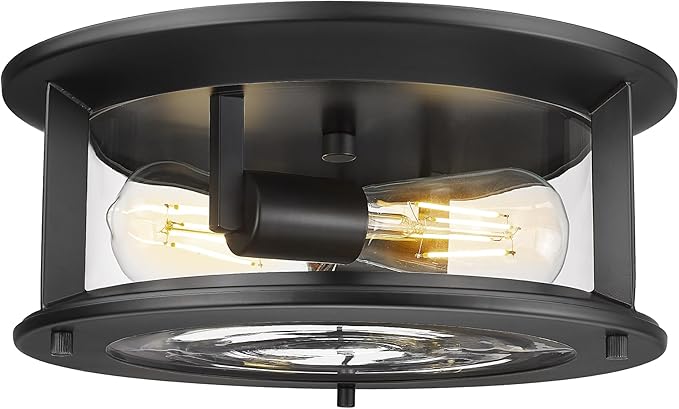 Emliviar 12.6" Farmhouse Flush Mount Ceiling Light, 2-Light Modern Close to Ceiling Light Fixture for Kitchen, Hallway Mounted Lantern with Clear Glass, Black Finish, YE19108-F1 BK