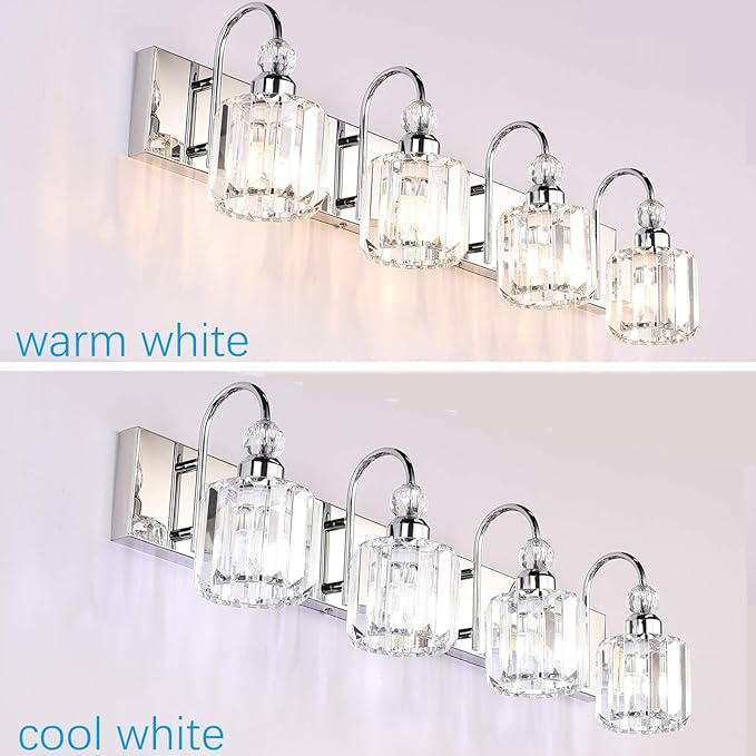 Ralbay Modern LED Crystal Bathroom Vanity Lights 4-Lights Stainless Steel Crystal Vanity Lights Over Mirror Modern Crystal Bathroom Vanity Lighting Fixtures