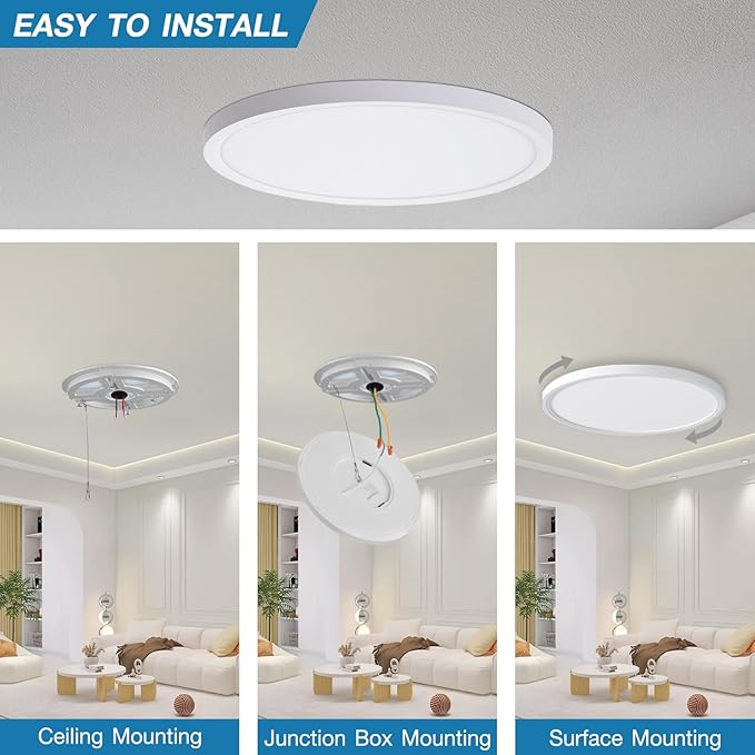 12 Inch Dimmable LED Flush Mount Ceiling Light 2 Pack, 24W=2400LM, Low Profile Ceiling Light with 3 CCT (3000K/4000K/5000K), 5%-100% Dimming for Bedroom, Basement & Closets, White