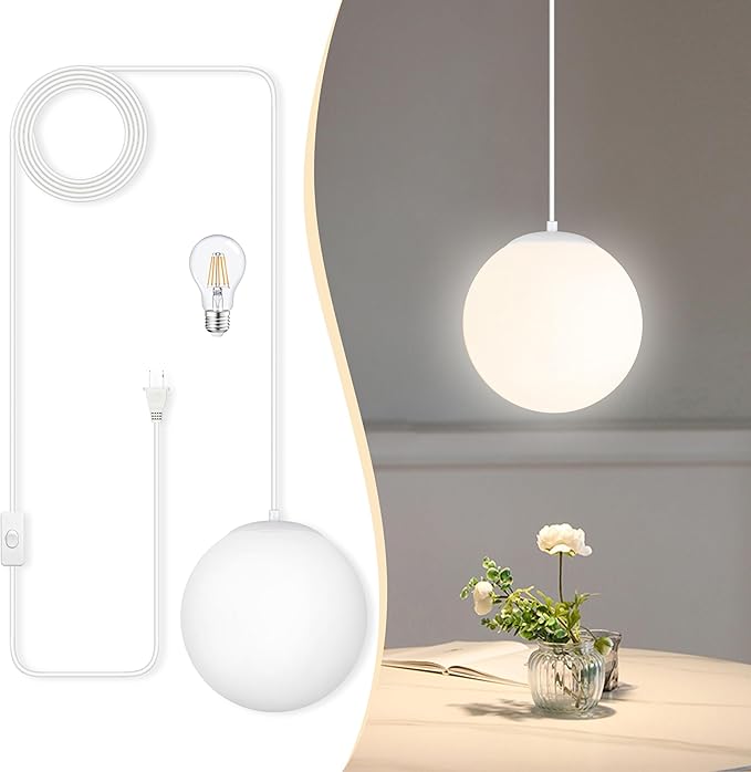 KoKo&Yukina 8" Globe Pendant Light White Plug in Pendant Light Adjustable Hanging Lights with Plug in Cord Matte White Finished with Milk Glass Lampshade for Bedroom Kitchen Island (Bulb Included)