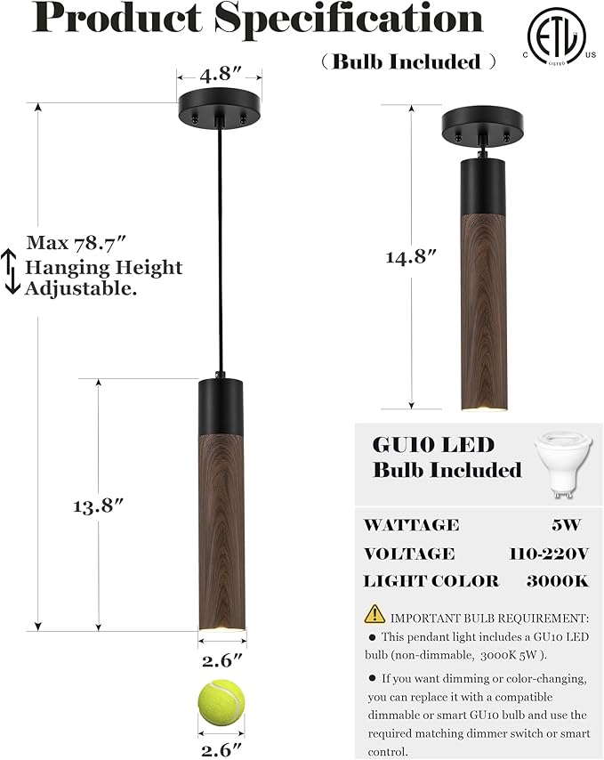 ELYONA LED Pendant Lights for Kitchen Island Walnut Wood Grain & Matte Black Metal, Modern Cylinder Pendant Light Fixtures for Dining Room Bedroom Office, GU10 Bulbs Included Adjustable Height, 3 Pack