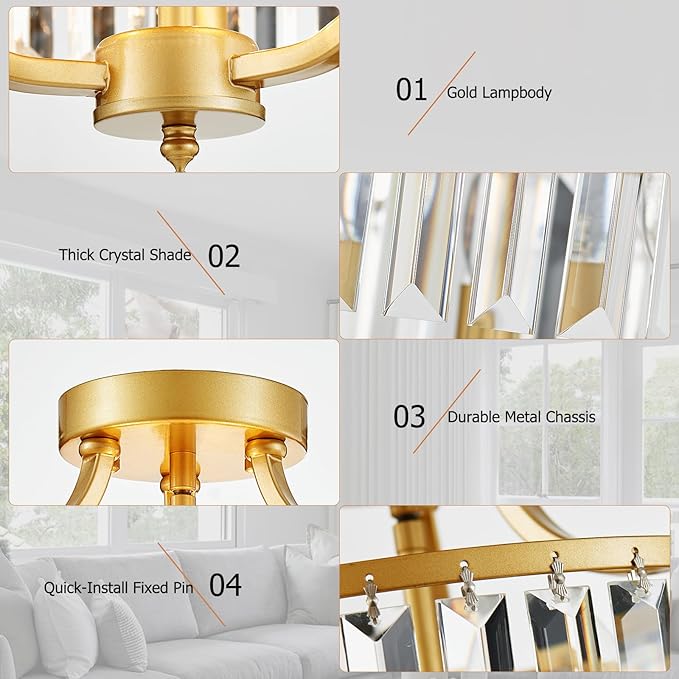 12.2'' Modern Gold Crystal Ceiling Light Fixture Farmhouse 3-Light Semi Flush Mount Drum Chandelier for Dining Room, Bedroom, Kitchen, Hallway, Entryway, Foyer, E12 - MJ055GD