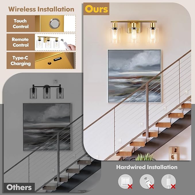 Battery Operated Wall Sconce, 3-Light Dimmable Rechargeable Wireless Vanity Light Fixture with Remote & Bulbs, Gold Indoor Non-Hardwired Decor Wall Lamp for Bedroom, Living Room, Hallway, Mirror