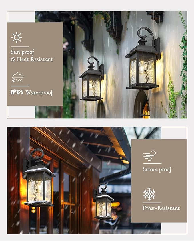 FEMILA 21" Outdoor Wall Light Fixture, Rust-Proof Outdoor Wall Light, Ideal for Porch, Patio, Entryway, Garage, with Water Ripple Glass, UL Listed, 4FD54B2 BK-WP