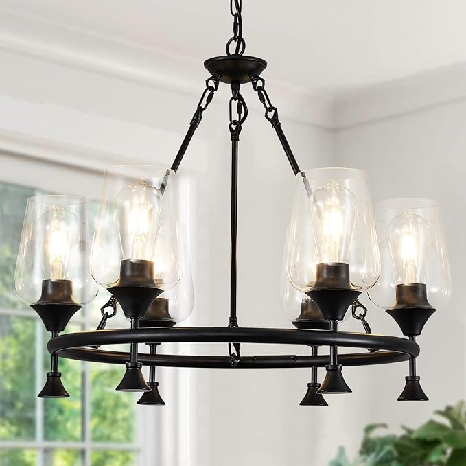 25" Farmhouse Chandelier, 6-Light Black Chandeliers for Dining Room Light Fixture Over Table with Clear Glass Shade, Industrial Hanging Pendant Lights for Kitchen Island Living Room Bedroom Entryway