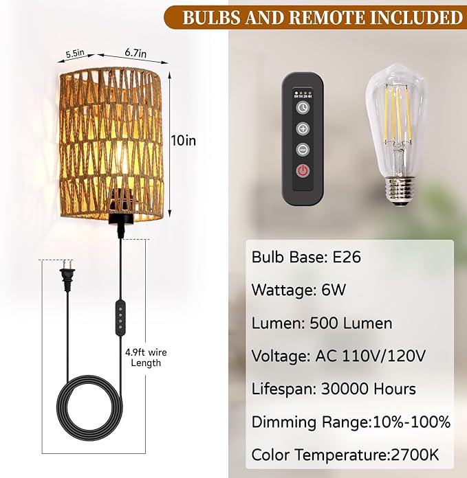 FINCMY Boho Wall Decor Plug in Wall Sconces, Dimmable Sconces Wall Decor Set of 2, Natural Hemp Rope Boho Decor, Plug in Wall Light with Remote, LED Bulbs Included