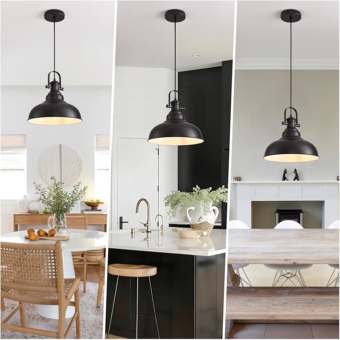 Matte Black Pendant Light, 11.0 Inch Pendant Light Fixture with Adjustable Cord, Industrial Hanging Lamp for Bedroom, Kitchen Island, Living Room, Dining Room, Hallway(1 Pack)