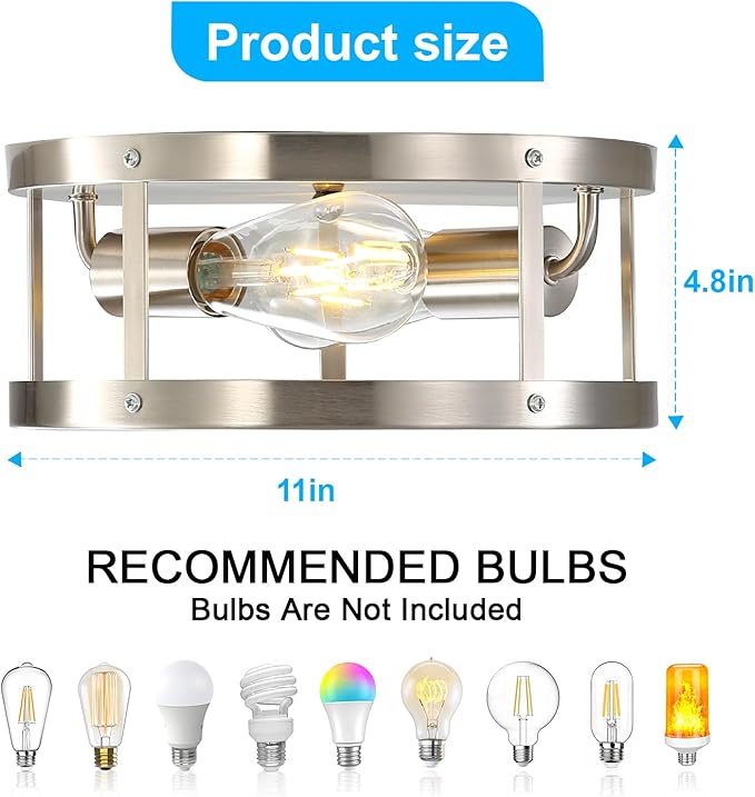 Farmhouse Semi Flush Mount Ceiling Light, Brushed Nickel 11inch 2-Light Metal Cage Light Fixture Ceiling Mount, Industrial Closed to Ceiling Mount Lamp, 2 Pack