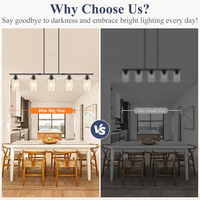 Dining Room Light Fixture Over Table, 5-Light Kitchen Island Lighting Hanging, Farmhouse Linear Chandelier for Dining Room, Matte Black Pendant Light Fixtures with Clear Glass Shade for Kitchen Island