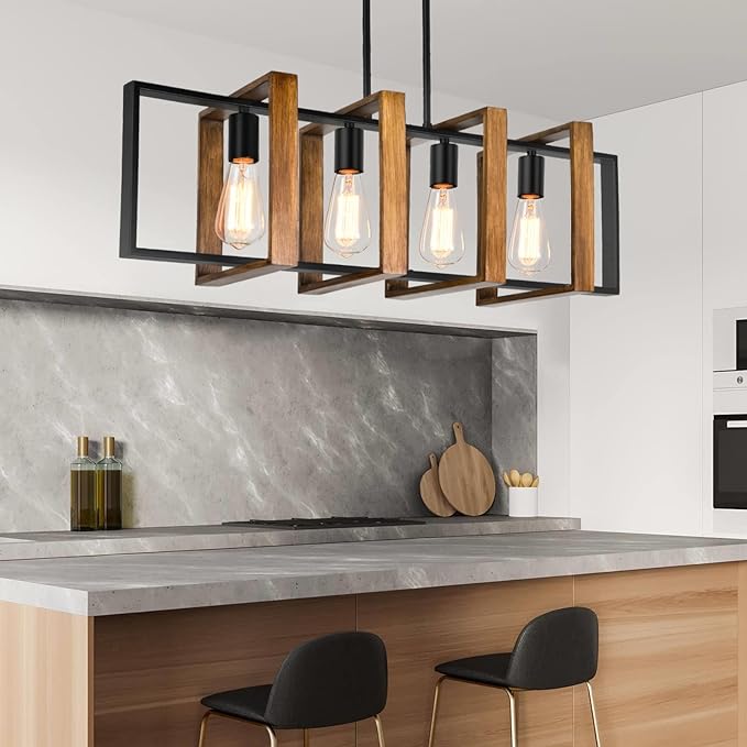 Antique Wood Chandelier Island Lights for Kitchen, 31.5" Pendant Lights Kitchen Island Lighting, 4-Light Rectangular Wood Black Rustic Farmhouse Chandeliers for Dining Room Light Fixtures Over Table
