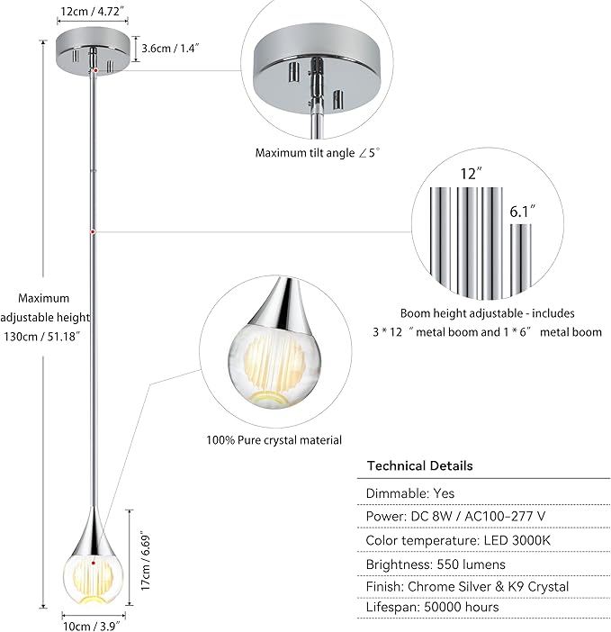 1-Pendant Lights Kitchen Island, Silver Crystal Globe Ceiling Hanging Light Fxitures, LED Light Fixtures Metal Rod Ceiling Glass Pendant Lighting for Kitchen Island Dining Room Bar