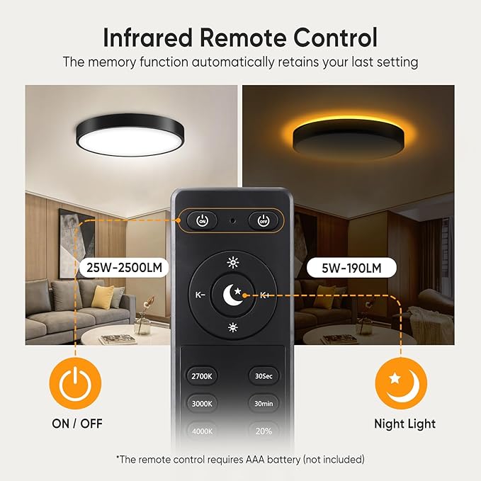 Lightania 13 Inch Flush Mount Ceiling Light with Remote Control & Night Light, 5CCT Dimmable Ceiling Light Fixture, 25W 2500LM 2700K-6500K Adjustable LED Ceiling Lights for Bedroom Kitchen, Black