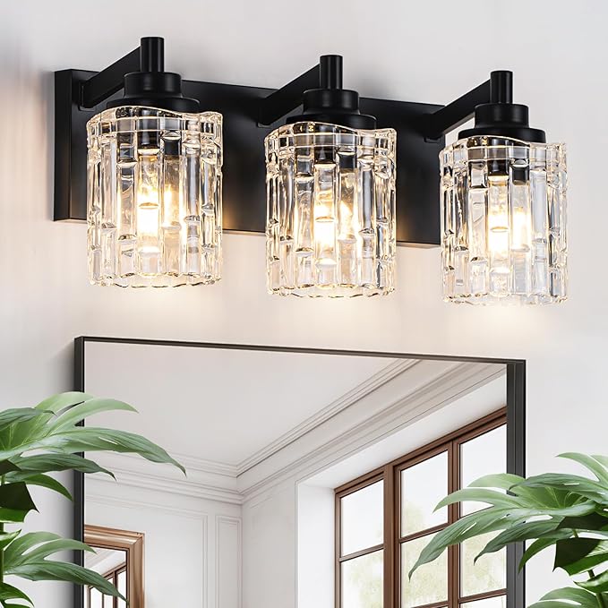 Bathroom Light Fixtures, 3-Light Black Bathroom Vanity Light, Modern Wall Sconces with Clear Glass Shade, Black Wall Lights for Mirror Kitchen Bedroom Hallway, E26 Base