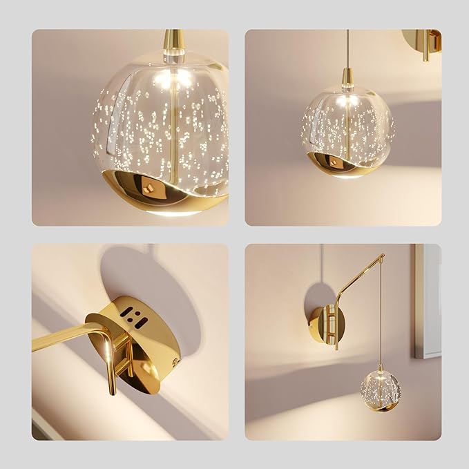 13" Gold Hanging Wall Sconce Vintage, Integrated LED Bubble Glass Globe, Modern Art Deco Hanging Wall Light for Bedroom, Living Room and Bathroom, 3000K Warm White, Hardwired