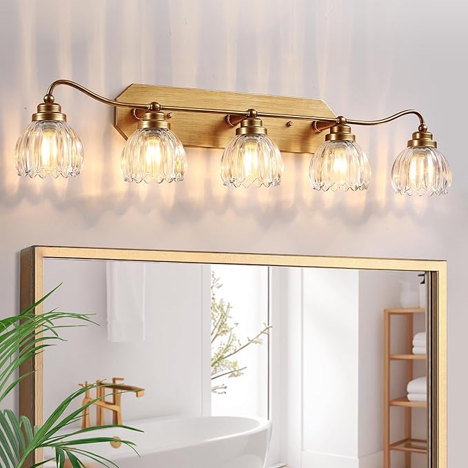 Vintage Bathroom Light Fixtures, 5 Light Gold Bathroom Vanity Light, Matte Antique Brass Finish with Crystal Glass Shade, Wall Sconces Lighting for Bedroom, Living Room, Hallway