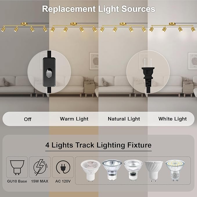 Track Lighting Plug in, LED Track Lighting Fixtures Ceiling Kit, Gold 4-Light Ceiling Light Plug-in, Wall Light with 14.8ft Power Cord, Rotatable Kitchen Spotlight for Bedroom(GU10 Socket, NO Bulb)