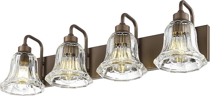 zeyu 4-Light Bathroom Vanity Lighting in Oil Rubbed Bronze Finish, Farmhouse Wall Mount Fixture Over Mirror with Clear Striped Glass, ZJX117B-4W ORB