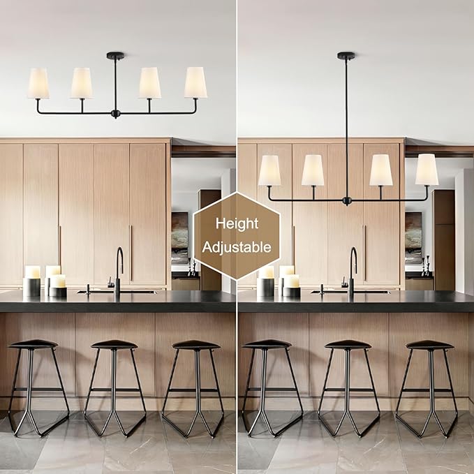 Black Linear Chandelier Modern Farmhouse Kitchen Island Light Fixture Classic 4 Light Chandeliers with White Linen Shades Over Dining Table