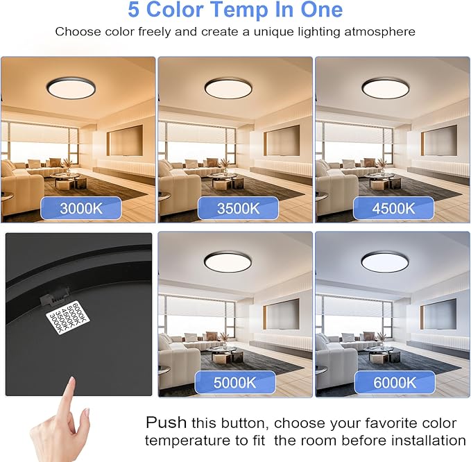 hunhun 4 Pack 15.8 Inch Dimmable LED Flush Mount Ceiling Light 4800LM Round Light Fixture 5 Color Temperature Selectable Large Flat Ceiling Lamp for Living Dining Room Black ETL Listed