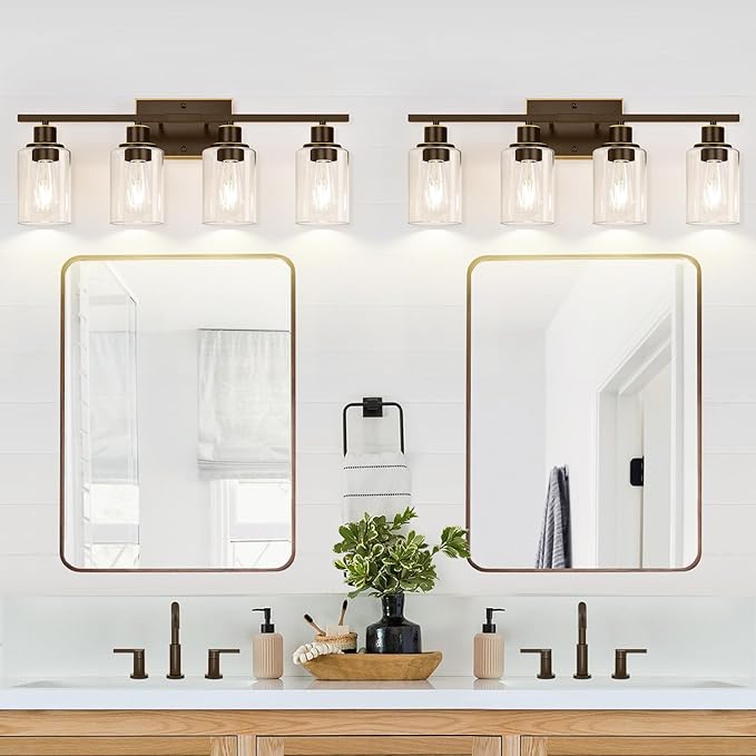 Indoi 4 Light Bathroom Light Fixtures, Oil-Rubbed Bronze Modern Vanity Lights with Clear Glass Shades, Bathroom Wall Lamp for Mirror Living Room Cabinet