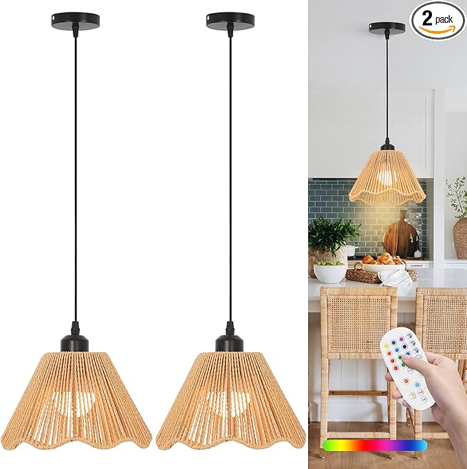 Boho Battery Operated Pendant Lights,Rechargeable Pendant Light with Remote,Rattan Pendant Light Fixtures for Kitchen Island,Boho Hanging Lights for Dining Room Bedroom Hallway Entryway(2 Pack)