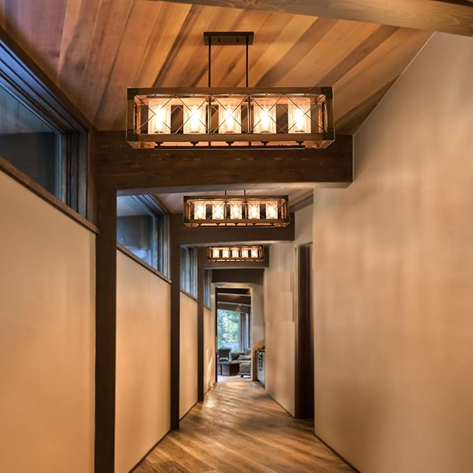 Farmhouse Kitchen Island Lighting, 5-Light Dining Room Light Fixture Over Table, Rustic Wooden Rectangle Chandelier, Pool Table Pendant Light Fixtures with Clean Glass Shade