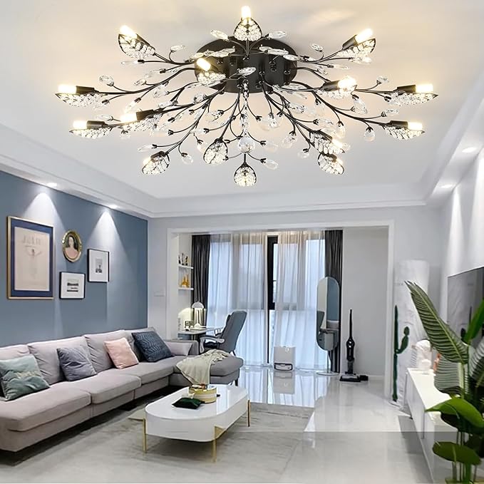 Crystal Ceiling Light Fixture Semi Flush Mount Ceiling Light Fixture Black Leaves Chandeliers Lighting for Bedroom Living Room Dining Room Kitchen Hallway Foyer