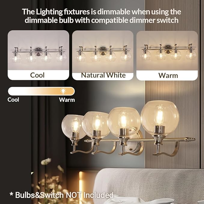 ANDY STAR Brushed Nickel Vanity Lights for Bathroom, 4 Light Vanity Light Brushed Nickel, Farmhouse Vanity Lighting Fixtures, 30.5 Inch Modern Silver Wall Sconce, E26 Base Bulbs Required, UL Certified