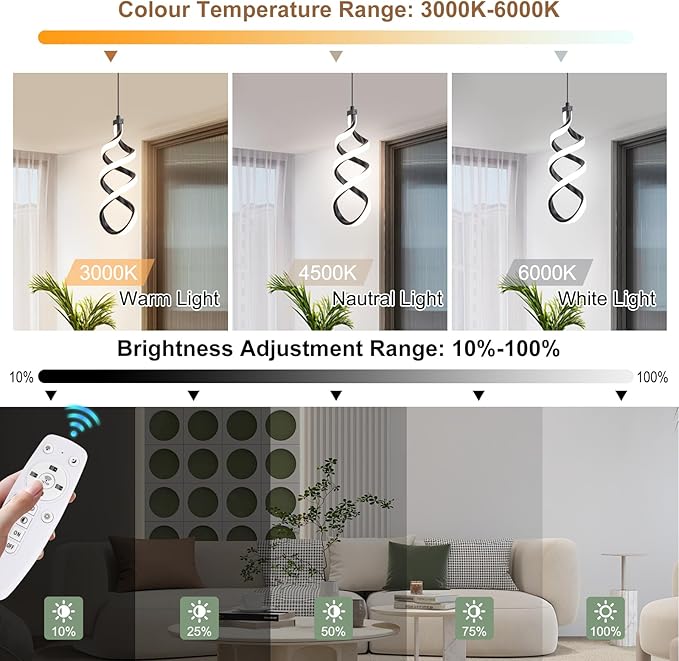 EIDISUNY Modern Led Pendant Light Fixture, 15W Black Spiral Led Chandelier Hanging Lamp, 3000K-6000K, Dimmable Pendant Lamp, Adjustable Height Pendant Light for Kitchen Island Dining Room Bedroom Cafe