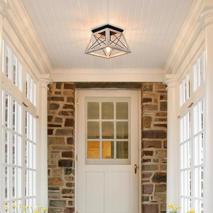 Luupyia Farmhouse Ceiling Light Fixture Semi Flush Mount, One-Light Square Farmhouse Chandelier Lighting, Rustic Island Overhead Fixtures for Dining Room Entryway Living Room Beige