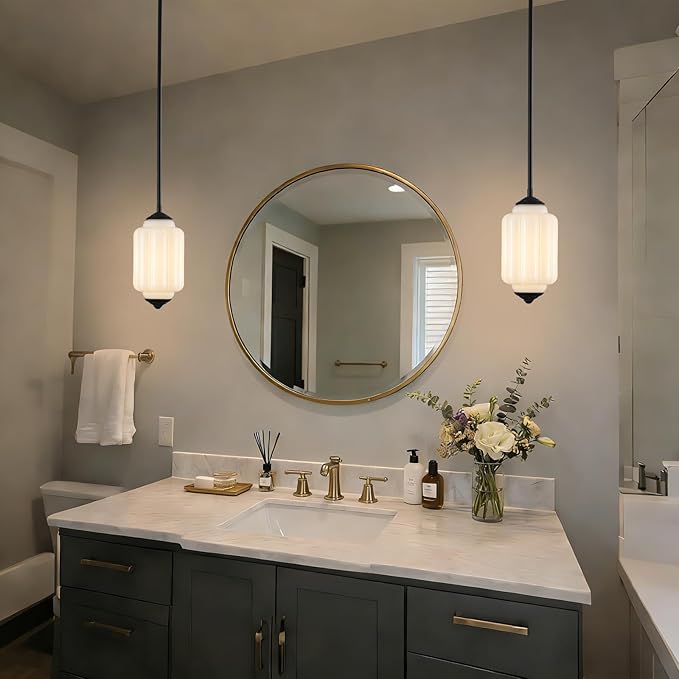 Vintage Milk Glass Pendant Light, 5.5" Semi Flush Mount Pendant Light, Black Finish Milk Glass Hanging Light Fixture for Kitchen, Dining Room, Bedroom, Hallway, Bathroom(White, 1 Pack)