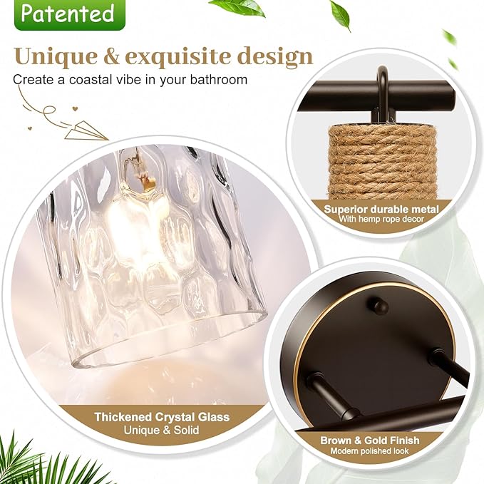 MOKATNG Bathroom Light Fixtures, 2-Light Coastal Vanity Lights with Crystal Glass Shade, Brown and Gold Bathroom Wall Lamp for Mirror Kitchen Hallway Cabinet
