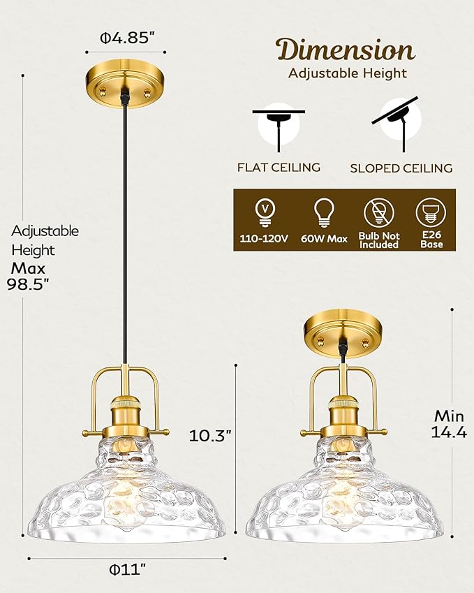 FEMILA 11" Modern Kitchen Pendant Lighting Over Island, Farmhouse Gold Pendant Light, Adjustable Height, Brushed Gold Finish, 4FY09-MP BG-WG
