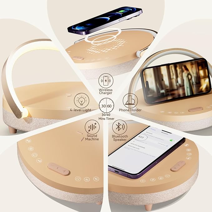 Vivilumens Gifts for Mom 6 in 1 Bedside Lamps with Wireless Charger Bluetooth Speaker White Noise Machine Music Table Lamp with Night Light Personalized Birthday Gift for Women Teens Girls(Rosy Beige