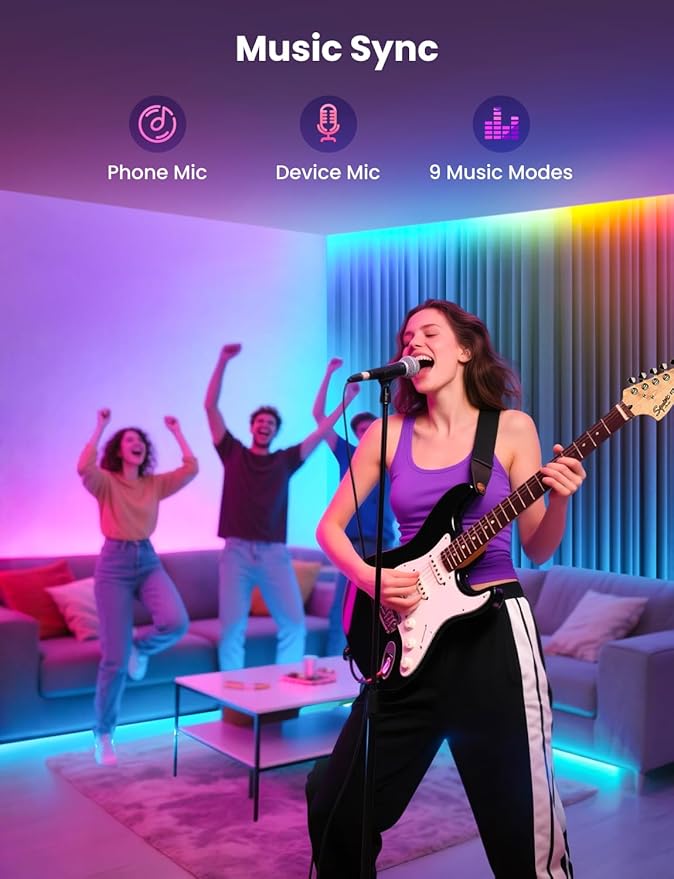 RGB+IC LED Strip Light, 104ft Smart LED Light for Bedroom, Bluetooth APP Control, Color Changing LED Strip Lighting, 44 Scene Modes, Music Sync, TV Backlight Behind Strip, Home Decor, Gaming Room