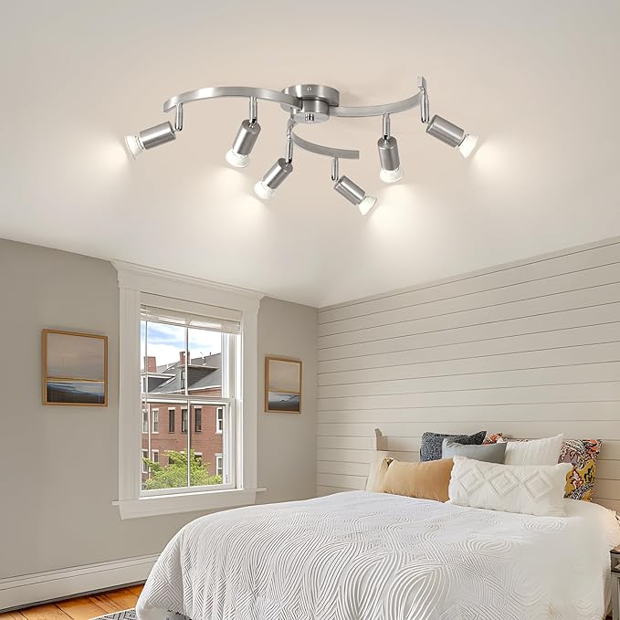 SEEBLEN 6 Light Track Lighting Fixtures Ceiling, Flexibly Rotatable Light Heads, Nickel Semi Flush Mount Ceiling Light for Kitchen Dining Room Living Room.Gu10 Bulb Base.