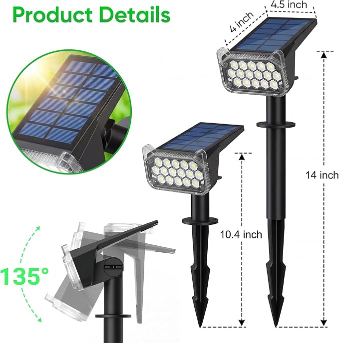 Solar Spotlights Outdoor Waterproof IP65 - Solar Spot Lights Uplights for Garden Yard Tree Flag Statue Flower Beds Landscape Auto On/Off 2 Lighting Modes Wall-Mount & Ground Stake White - 4 Pack