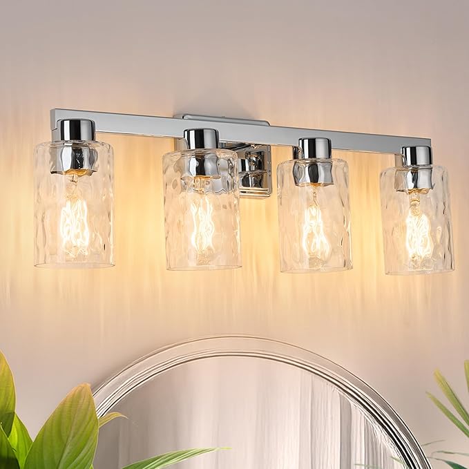 4-Light Bathroom Light Fixtures Modern Chrome Vanity Lights with Water Ripple Glass Wall Sconces Over Mirror for Bathroom, Powder Room, Living Room