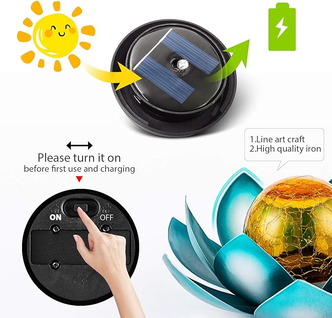AIINY Solar Light Outdoor(2Pack), Art Crackle Globe Glass Lotus Decoration, Solar LED Waterproof Blue Metal Flower Lights for Patio,Lawn,Walkway,Tabletop