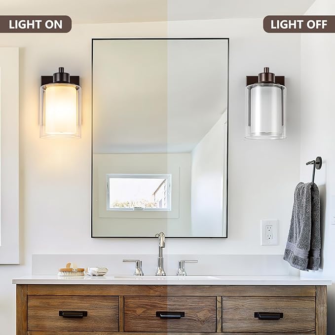 3 Pack Bath Vanity Light Fixtures, Modern Indoor Wall Scone Lighting with Dual Glass Shade, Oil Rubbed Bronze Wall Lamp for Bedroom Mirror Kitchen Living Room Entryway