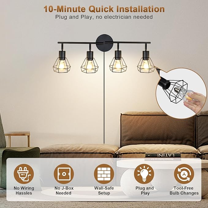 LTBLIGHT 4-Light Plug in Track Lighting with Power Cord, Plug in Ceiling Light with ON/Off Switch, LED Spotlight for Kitchen, Living Room, Artwork, E26 Base (Bulbs Not Included)