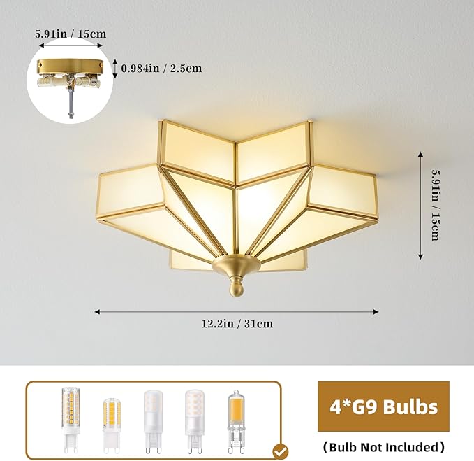 Star Brass Glass Ceiling Light - Small 12 Inch Gold Milk Flush Mount Fixture - Unique Art Deco Vintage Modern Lighting Lights for Bedroom Dining Foyer Entryway Hall Hallway Outdoor Porch